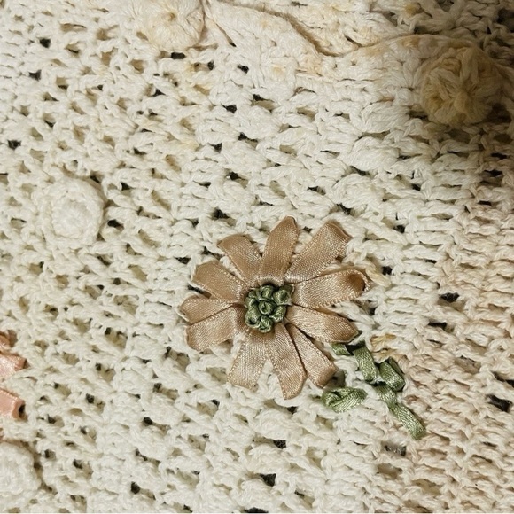 Vintage Crochet Shirt - Cream with Pink Floral Accents - Picture 3 of 6